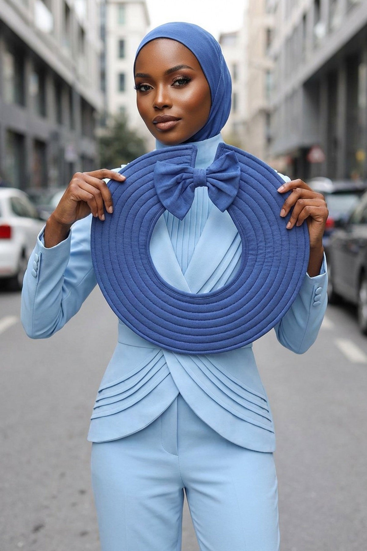 Modest Sun Protective Turban Bonnet with Removable Bow Brim for Women, 2-in-1 Hijab Ninja Cap with Removable Brim,S-5 İndigo
