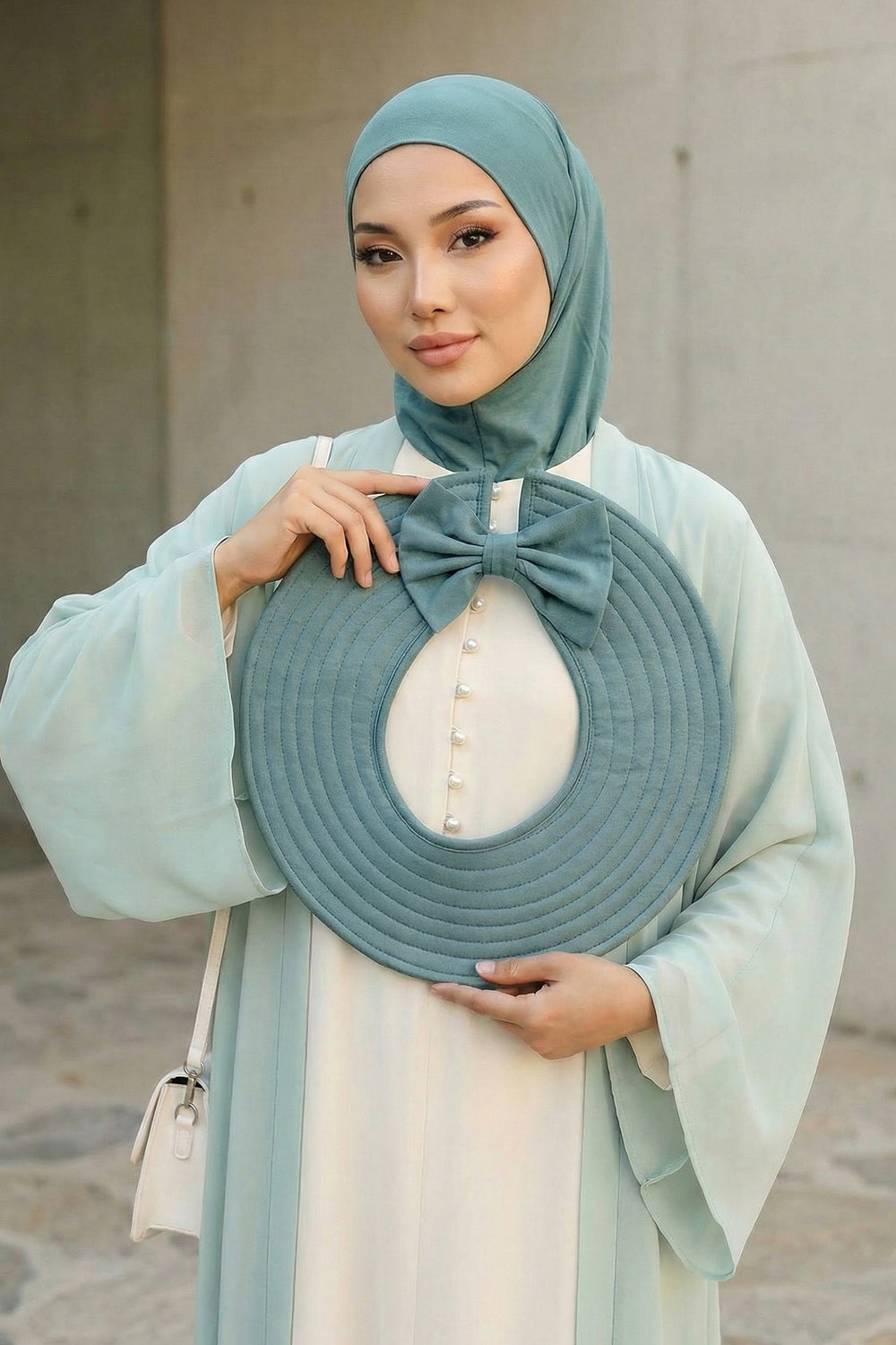 Modest Sun Protective Turban Bonnet with Removable Bow Brim for Women, 2-in-1 Hijab Ninja Cap with Removable Brim,S-5 Dark Mint