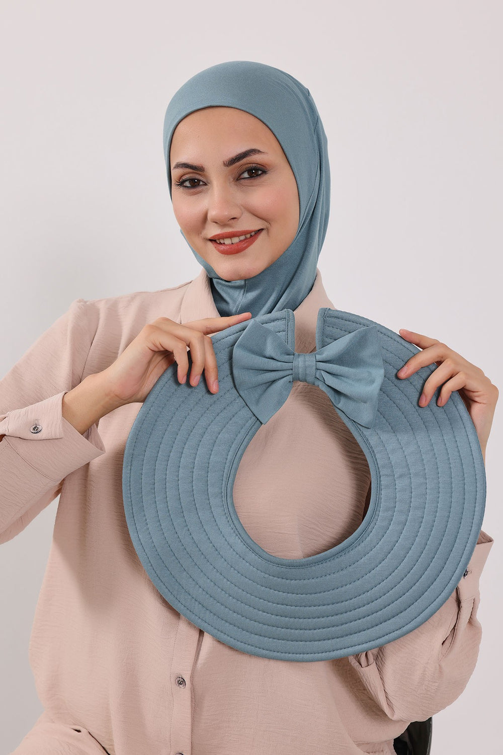 Modest Sun Protective Turban Bonnet with Removable Bow Brim for Women, 2-in-1 Hijab Ninja Cap with Removable Brim,S-5 Dark Mint