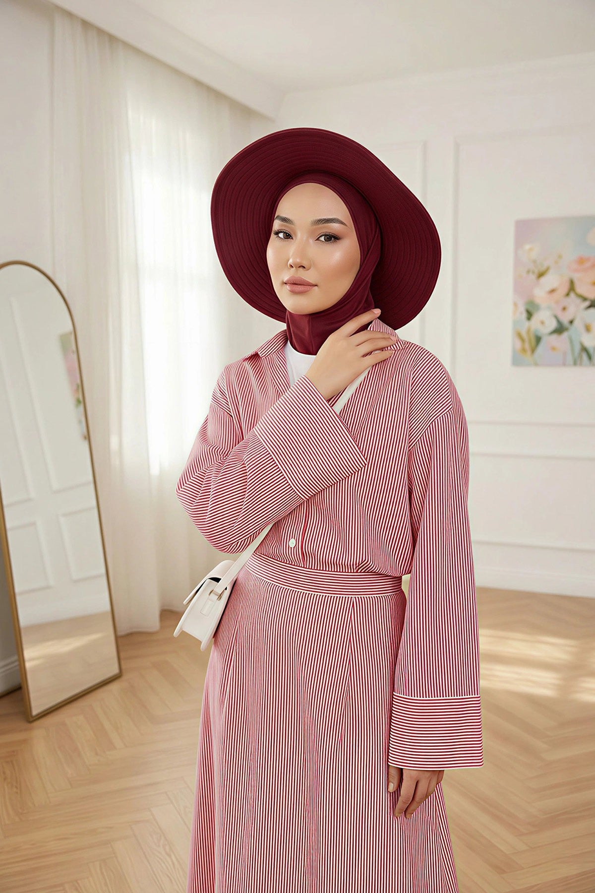 Modest Sun Protective Turban Bonnet with Removable Bow Brim for Women, 2-in-1 Hijab Ninja Cap with Removable Brim,S-5 Maroon