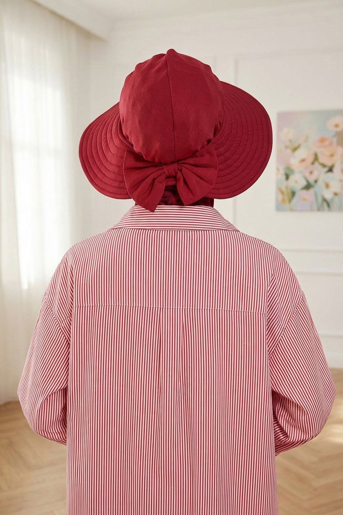 Modest Sun Protective Turban Bonnet with Removable Bow Brim for Women, 2-in-1 Hijab Ninja Cap with Removable Brim,S-5 Maroon