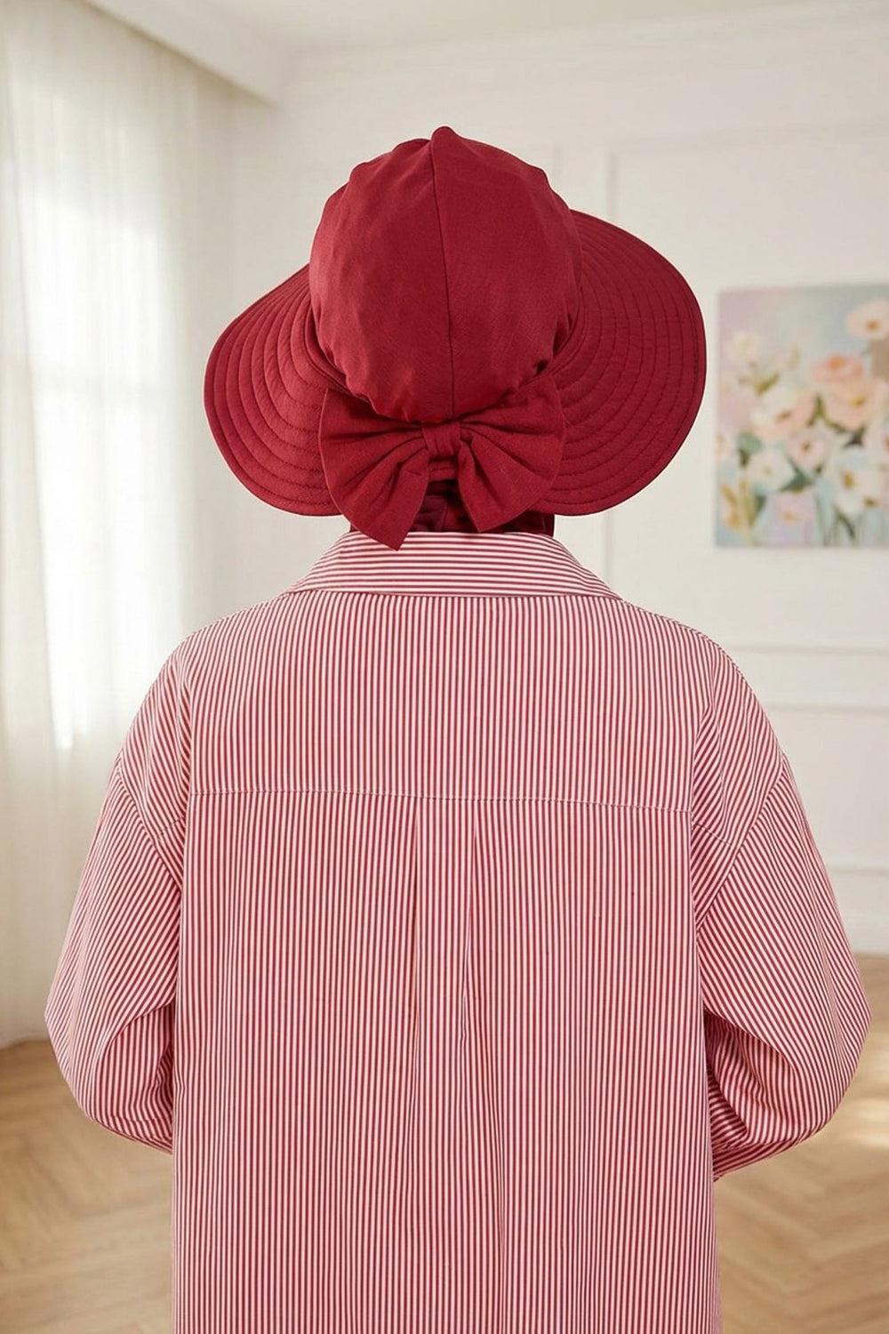 Modest Sun Protective Turban Bonnet with Removable Bow Brim for Women, 2-in-1 Hijab Ninja Cap with Removable Brim,S-5 Maroon