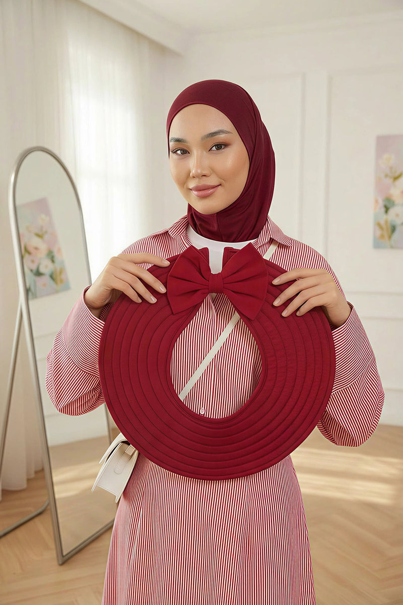 Modest Sun Protective Turban Bonnet with Removable Bow Brim for Women, 2-in-1 Hijab Ninja Cap with Removable Brim,S-5 Maroon