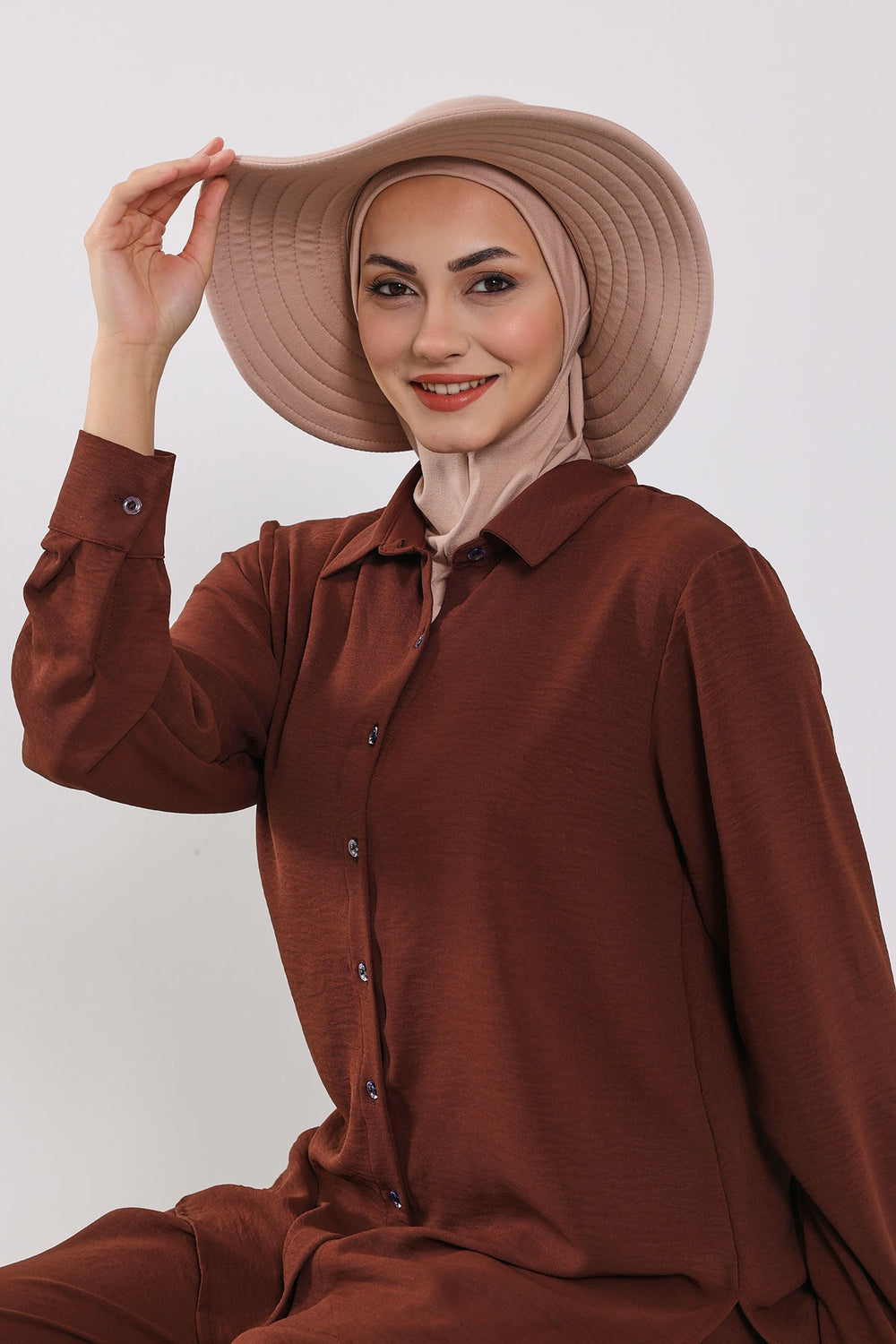 Modest Sun Protective Turban Bonnet with Removable Bow Brim for Women, 2-in-1 Hijab Ninja Cap with Removable Brim,S-5 Light Mink
