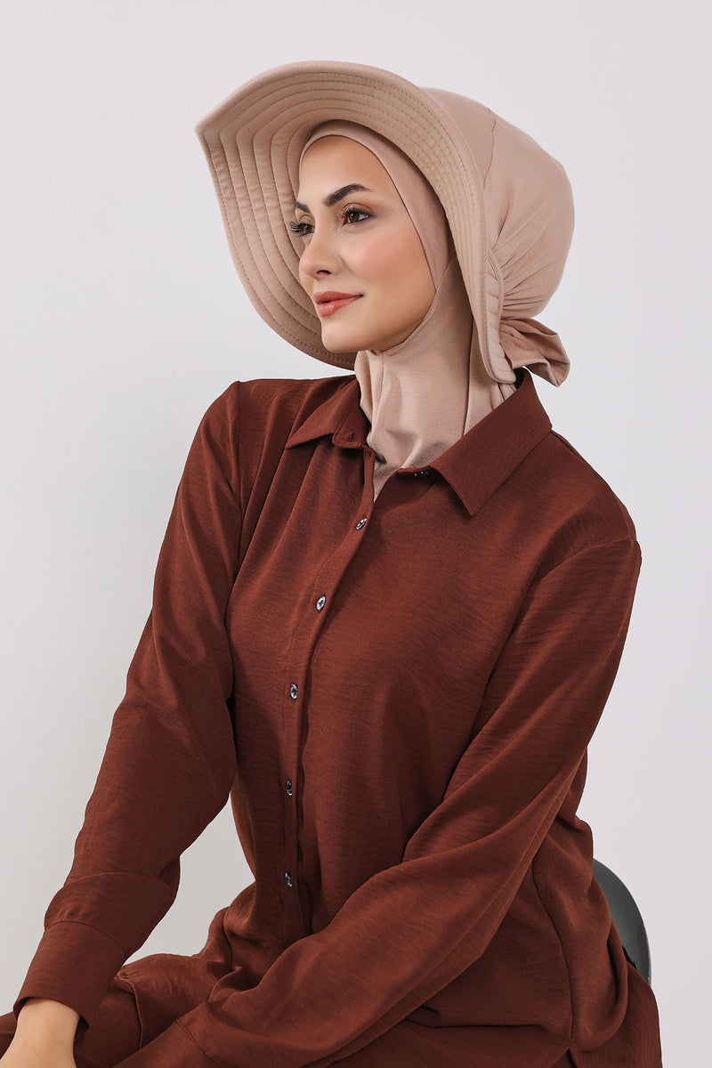 Modest Sun Protective Turban Bonnet with Removable Bow Brim for Women, 2-in-1 Hijab Ninja Cap with Removable Brim,S-5 Light Mink