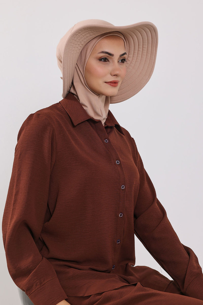 Modest Sun Protective Turban Bonnet with Removable Bow Brim for Women, 2-in-1 Hijab Ninja Cap with Removable Brim,S-5 Light Mink