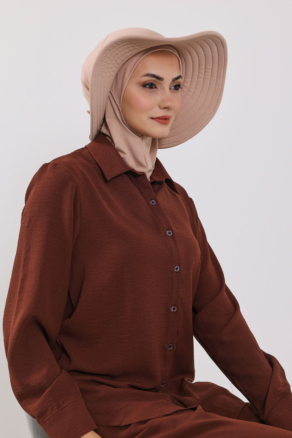 Modest Sun Protective Turban Bonnet with Removable Bow Brim for Women, 2-in-1 Hijab Ninja Cap with Removable Brim,S-5 Light Mink