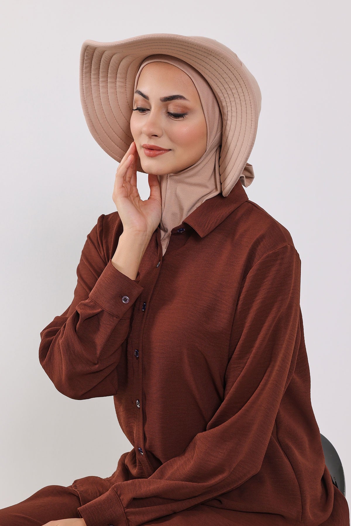 Modest Sun Protective Turban Bonnet with Removable Bow Brim for Women, 2-in-1 Hijab Ninja Cap with Removable Brim,S-5 Light Mink