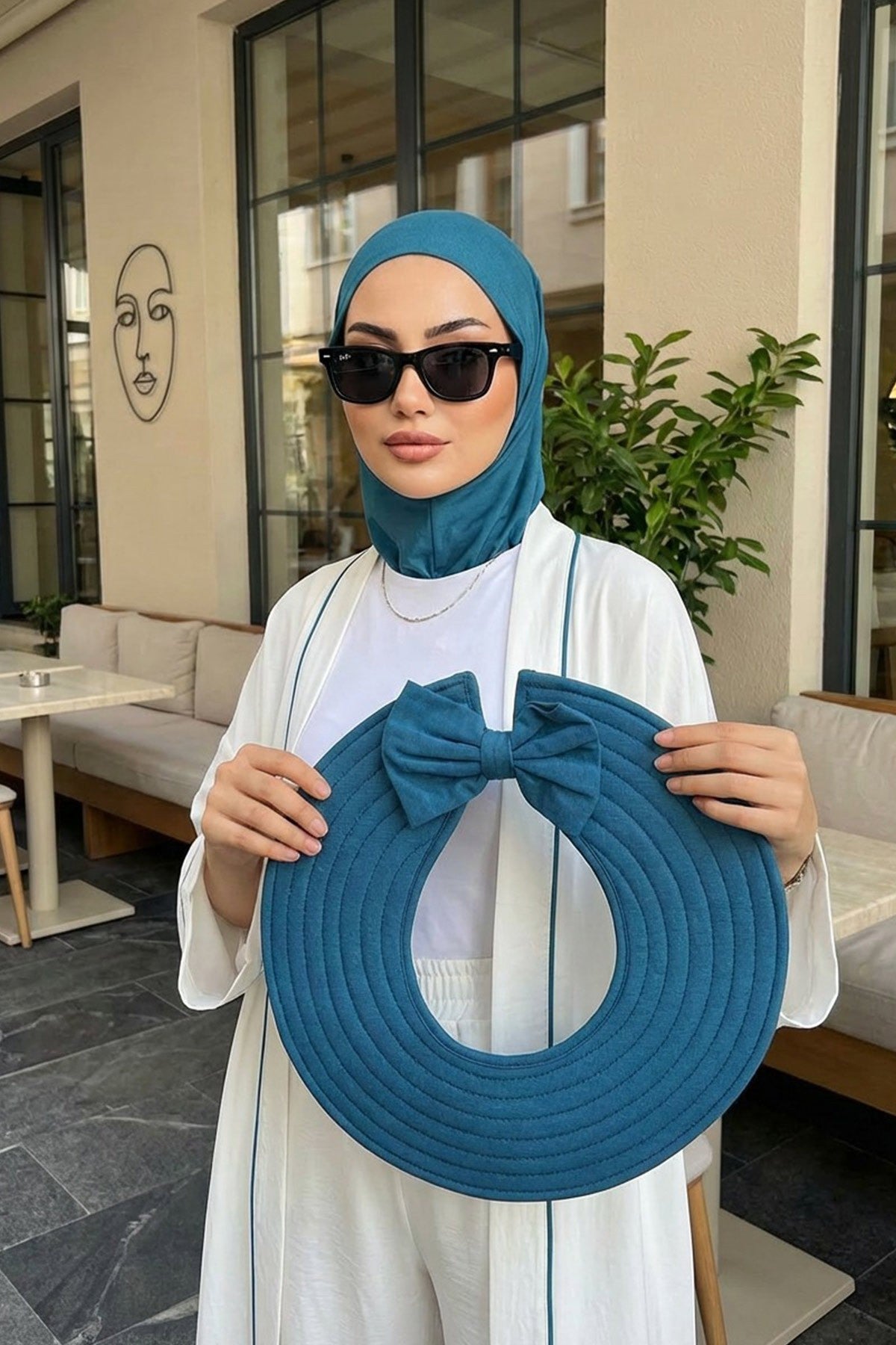 Modest Sun Protective Turban Bonnet with Removable Bow Brim for Women, 2-in-1 Hijab Ninja Cap with Removable Brim,S-5 Petrol Blue
