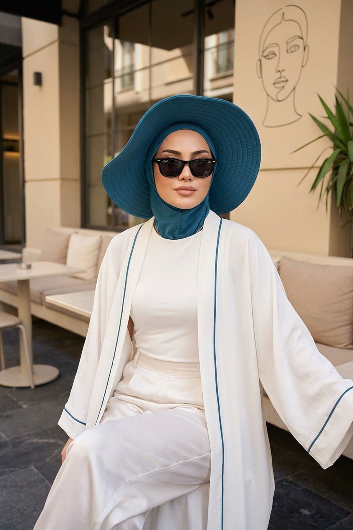 Modest Sun Protective Turban Bonnet with Removable Bow Brim for Women, 2-in-1 Hijab Ninja Cap with Removable Brim,S-5 Petrol Blue