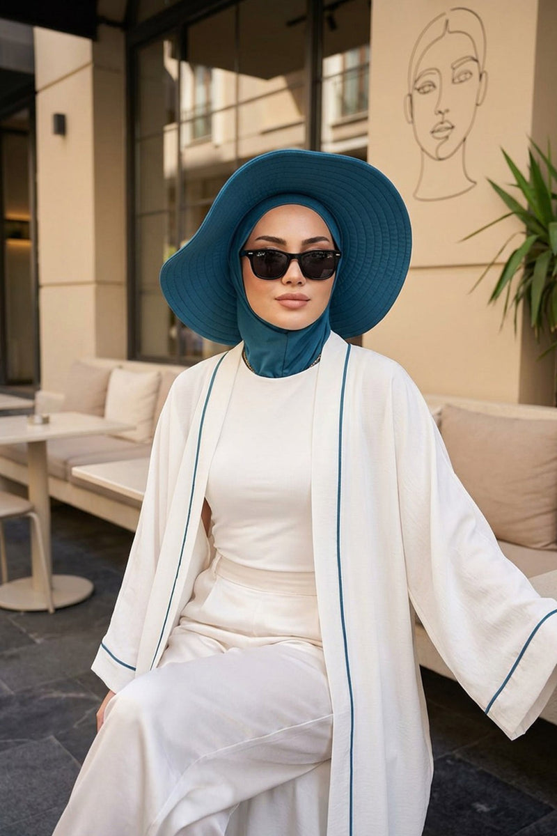 Modest Sun Protective Turban Bonnet with Removable Bow Brim for Women, 2-in-1 Hijab Ninja Cap with Removable Brim,S-5 Petrol Blue