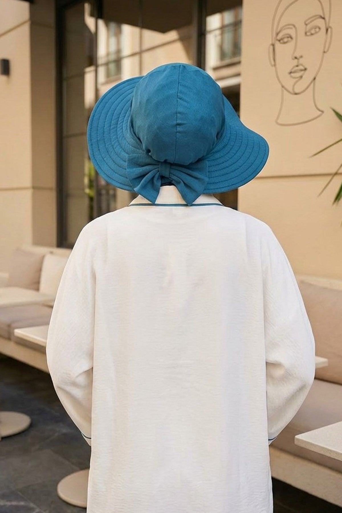 Modest Sun Protective Turban Bonnet with Removable Bow Brim for Women, 2-in-1 Hijab Ninja Cap with Removable Brim,S-5 Petrol Blue