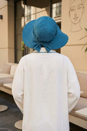 Modest Sun Protective Turban Bonnet with Removable Bow Brim for Women, 2-in-1 Hijab Ninja Cap with Removable Brim,S-5 Petrol Blue
