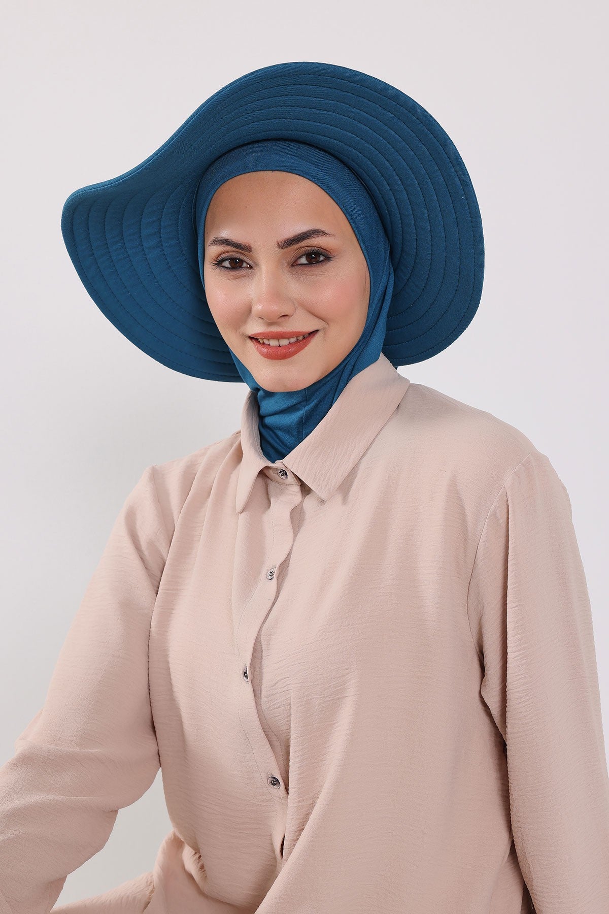 Modest Sun Protective Turban Bonnet with Removable Bow Brim for Women, 2-in-1 Hijab Ninja Cap with Removable Brim,S-5 Petrol Blue