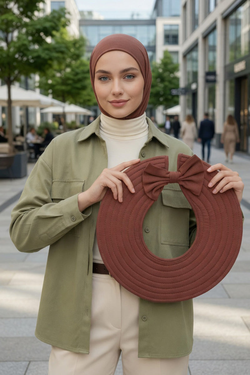 Modest Sun Protective Turban Bonnet with Removable Bow Brim for Women, 2-in-1 Hijab Ninja Cap with Removable Brim,S-5 Cinnamon