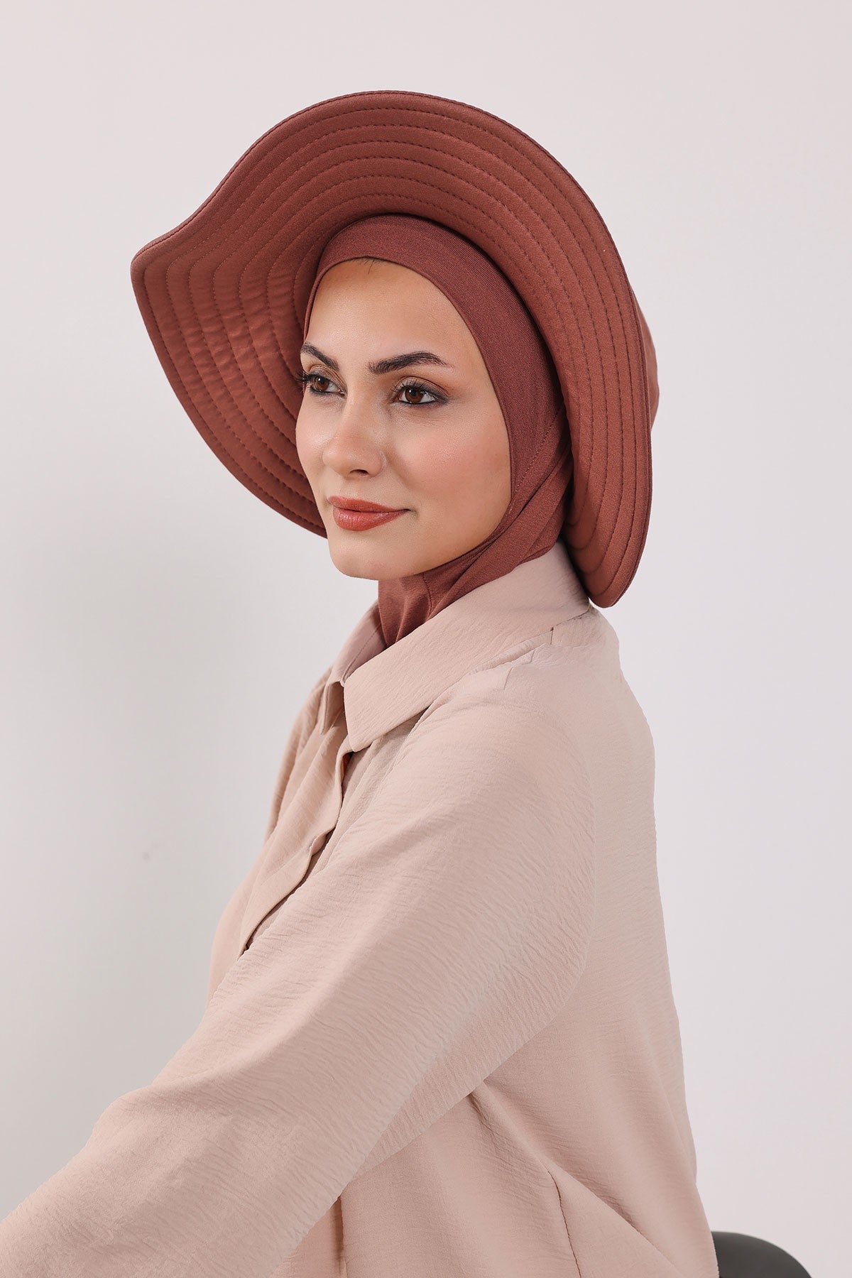 Modest Sun Protective Turban Bonnet with Removable Bow Brim for Women, 2-in-1 Hijab Ninja Cap with Removable Brim,S-5 Cinnamon