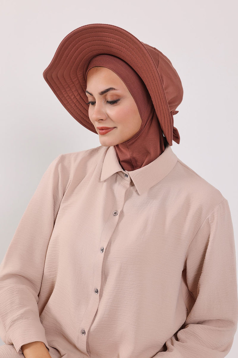 Modest Sun Protective Turban Bonnet with Removable Bow Brim for Women, 2-in-1 Hijab Ninja Cap with Removable Brim,S-5 Cinnamon