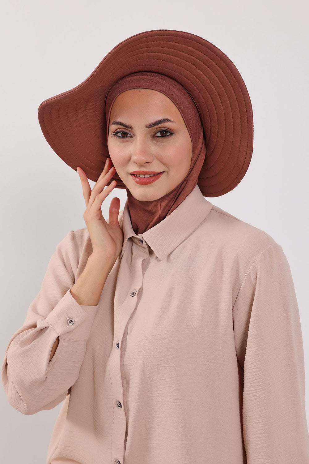 Modest Sun Protective Turban Bonnet with Removable Bow Brim for Women, 2-in-1 Hijab Ninja Cap with Removable Brim,S-5 Cinnamon
