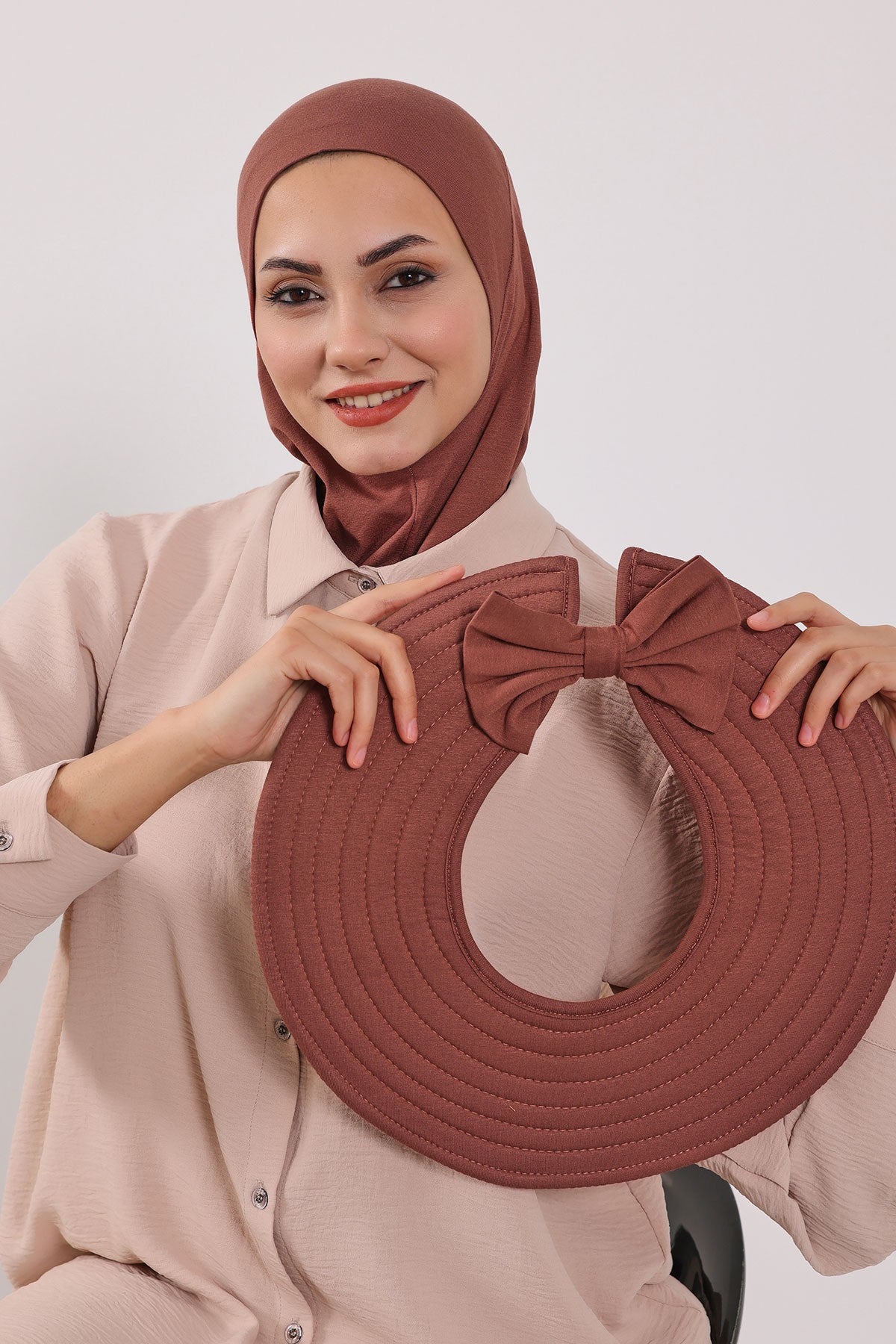 Modest Sun Protective Turban Bonnet with Removable Bow Brim for Women, 2-in-1 Hijab Ninja Cap with Removable Brim,S-5 Cinnamon
