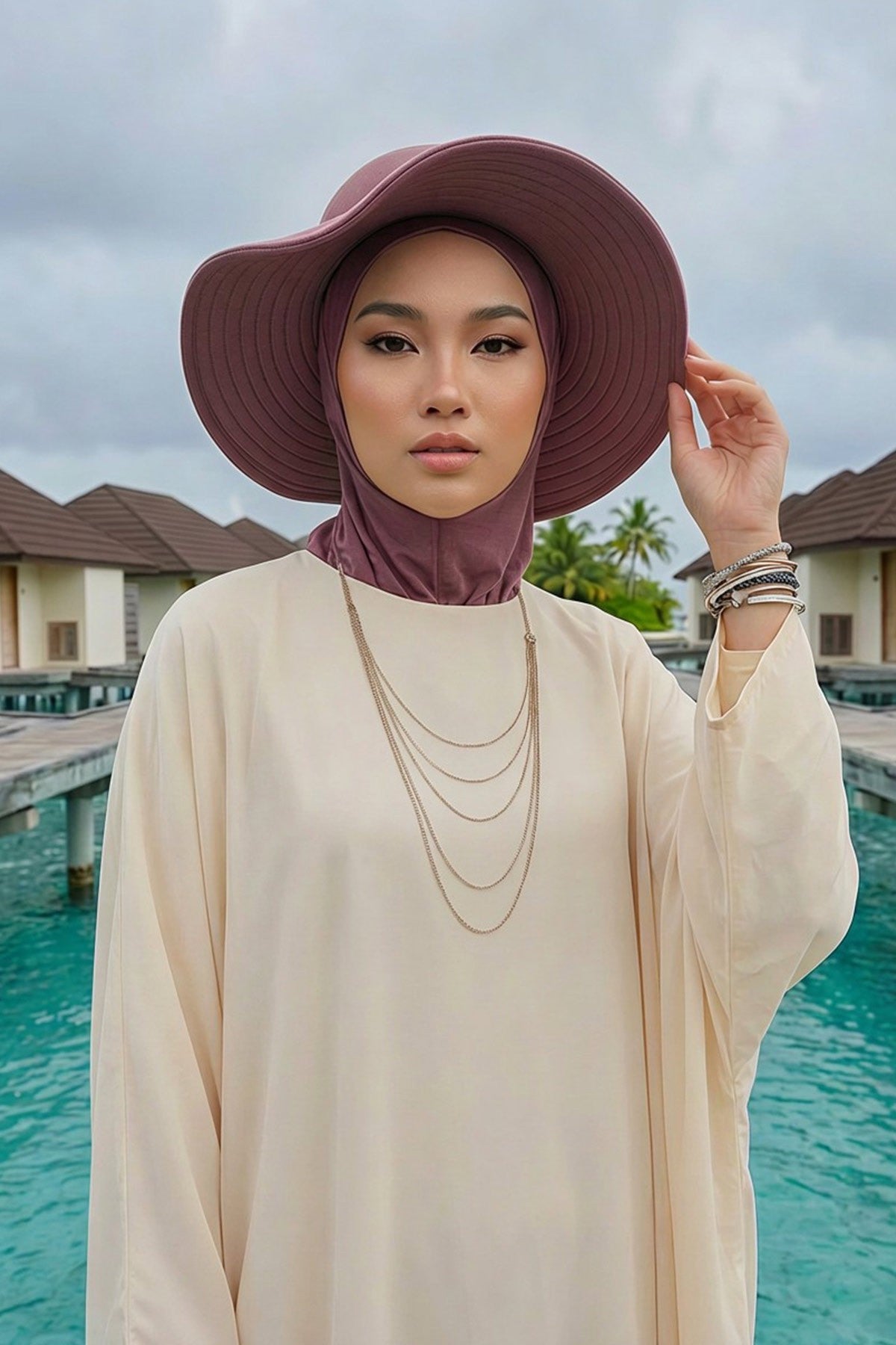 Modest Sun Protective Turban Bonnet with Removable Bow Brim for Women, 2-in-1 Hijab Ninja Cap with Removable Brim,S-5 Dusty Rose
