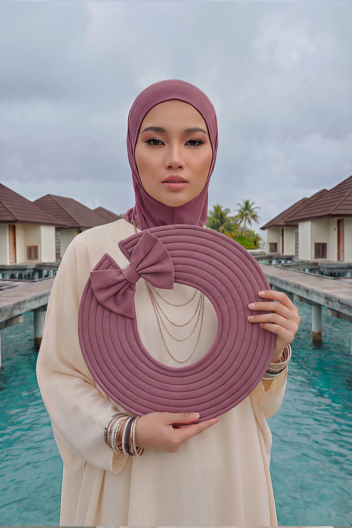 Modest Sun Protective Turban Bonnet with Removable Bow Brim for Women, 2-in-1 Hijab Ninja Cap with Removable Brim,S-5 Dusty Rose