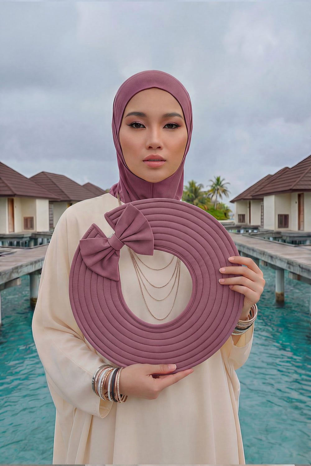 Modest Sun Protective Turban Bonnet with Removable Bow Brim for Women, 2-in-1 Hijab Ninja Cap with Removable Brim,S-5 Dusty Rose