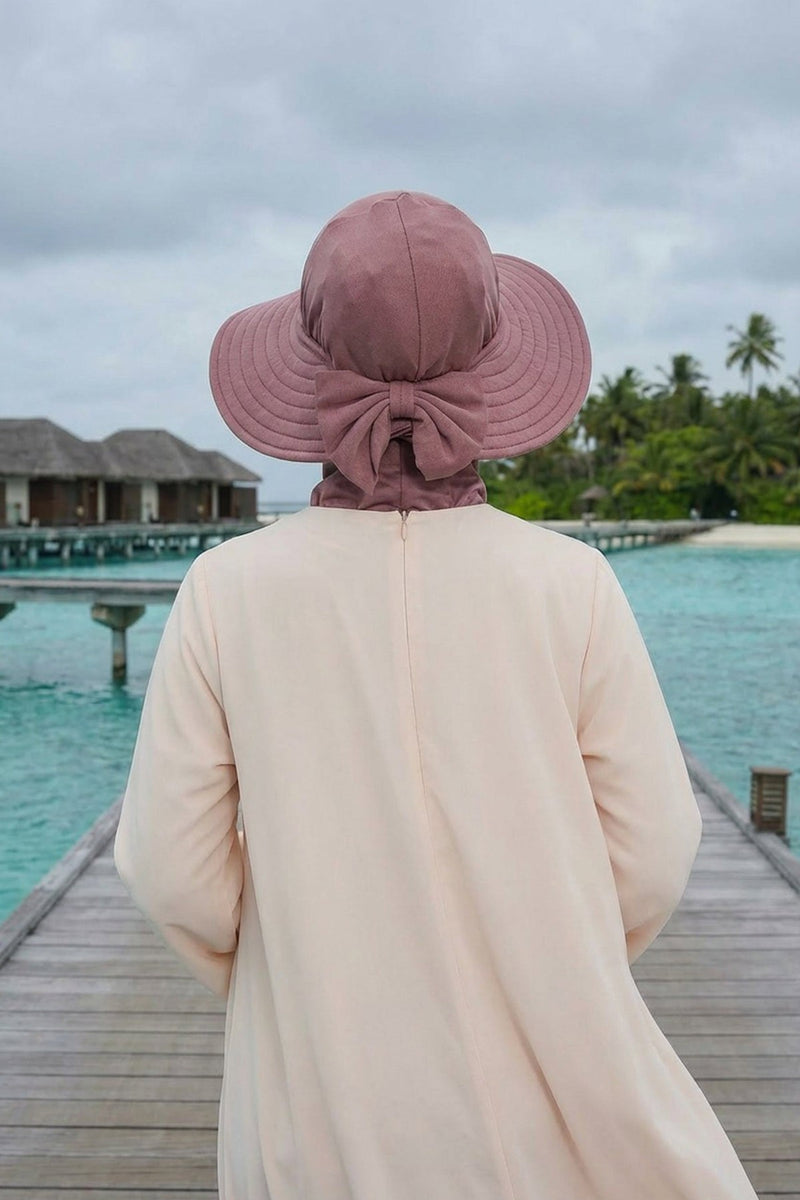 Modest Sun Protective Turban Bonnet with Removable Bow Brim for Women, 2-in-1 Hijab Ninja Cap with Removable Brim,S-5 Dusty Rose