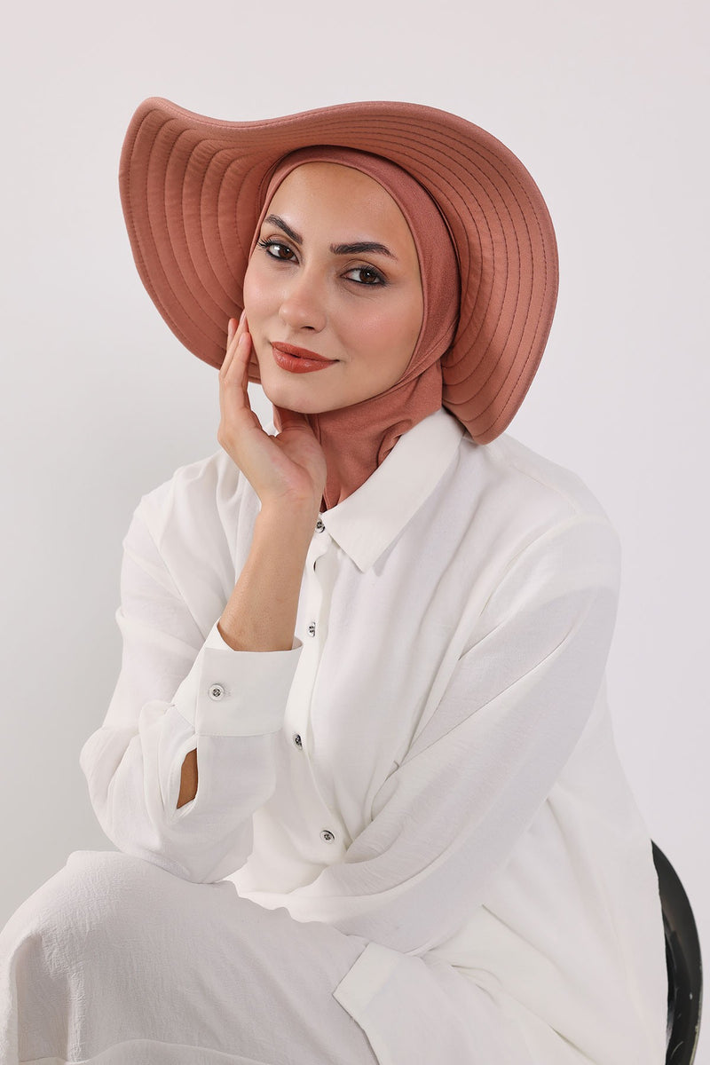 Modest Sun Protective Turban Bonnet with Removable Bow Brim for Women, 2-in-1 Hijab Ninja Cap with Removable Brim,S-5 Cappucino
