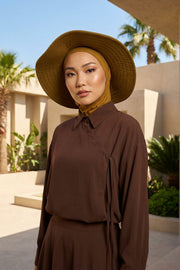Modest Sun Protective Turban Bonnet with Removable Bow Brim for Women, 2-in-1 Hijab Ninja Cap with Removable Brim,S-5 Dark Mustard
