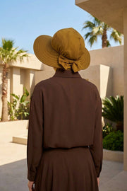 Modest Sun Protective Turban Bonnet with Removable Bow Brim for Women, 2-in-1 Hijab Ninja Cap with Removable Brim,S-5 Dark Mustard
