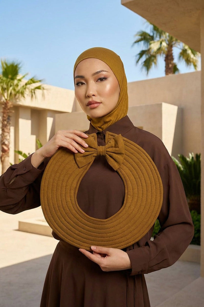 Modest Sun Protective Turban Bonnet with Removable Bow Brim for Women, 2-in-1 Hijab Ninja Cap with Removable Brim,S-5 Dark Mustard