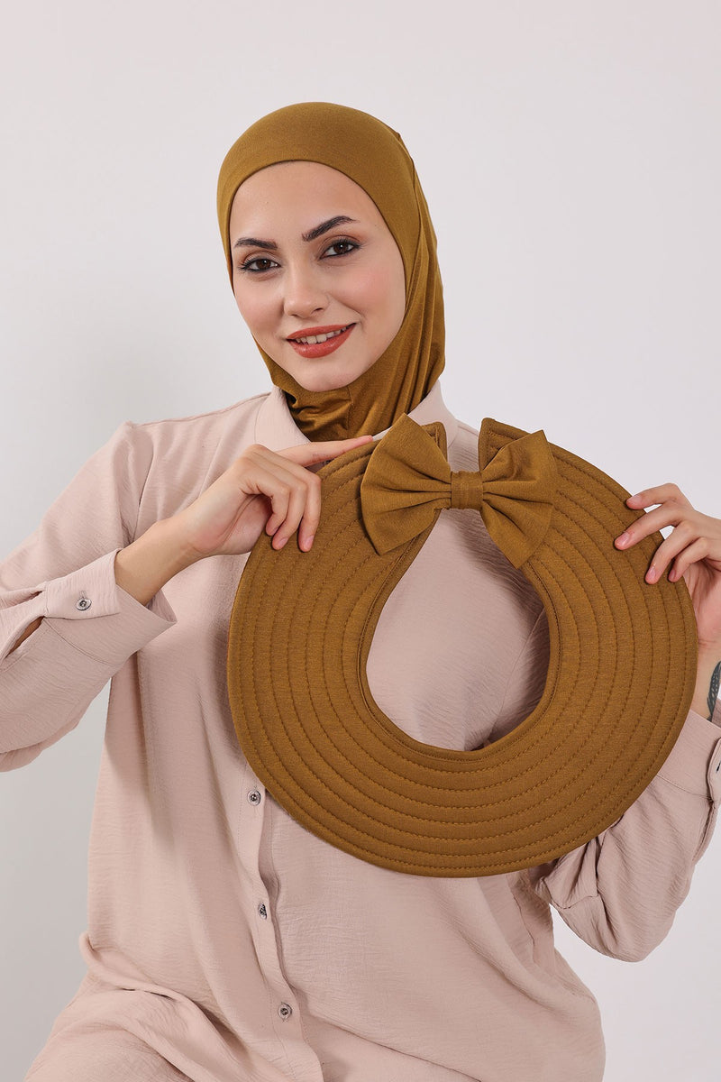 Modest Sun Protective Turban Bonnet with Removable Bow Brim for Women, 2-in-1 Hijab Ninja Cap with Removable Brim,S-5 Dark Mustard