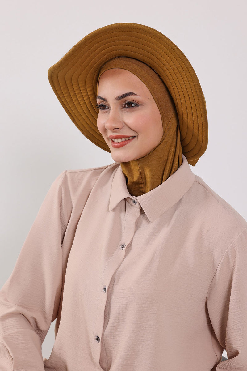 Modest Sun Protective Turban Bonnet with Removable Bow Brim for Women, 2-in-1 Hijab Ninja Cap with Removable Brim,S-5 Dark Mustard