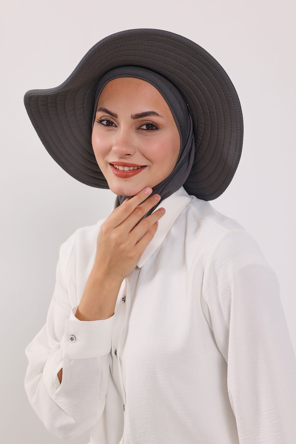 Modest Sun Protective Turban Bonnet with Removable Bow Brim for Women, 2-in-1 Hijab Ninja Cap with Removable Brim,S-5 Anthracite