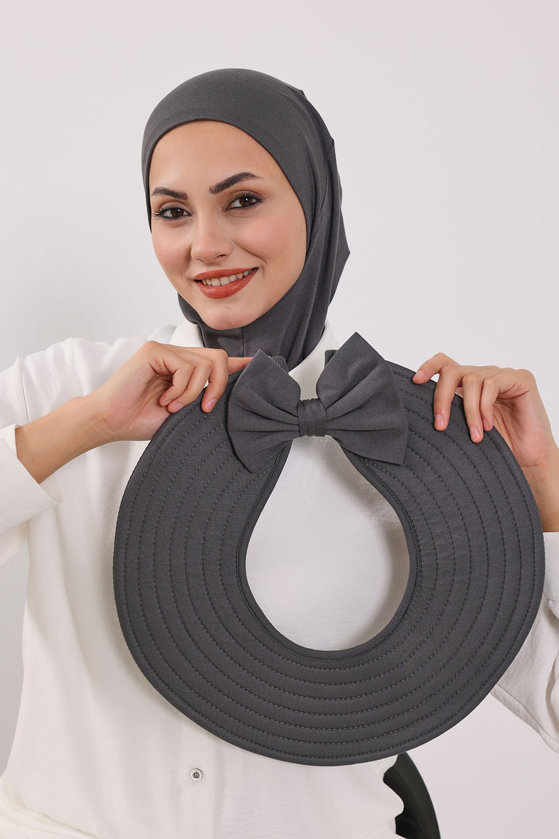 Modest Sun Protective Turban Bonnet with Removable Bow Brim for Women, 2-in-1 Hijab Ninja Cap with Removable Brim,S-5 Anthracite