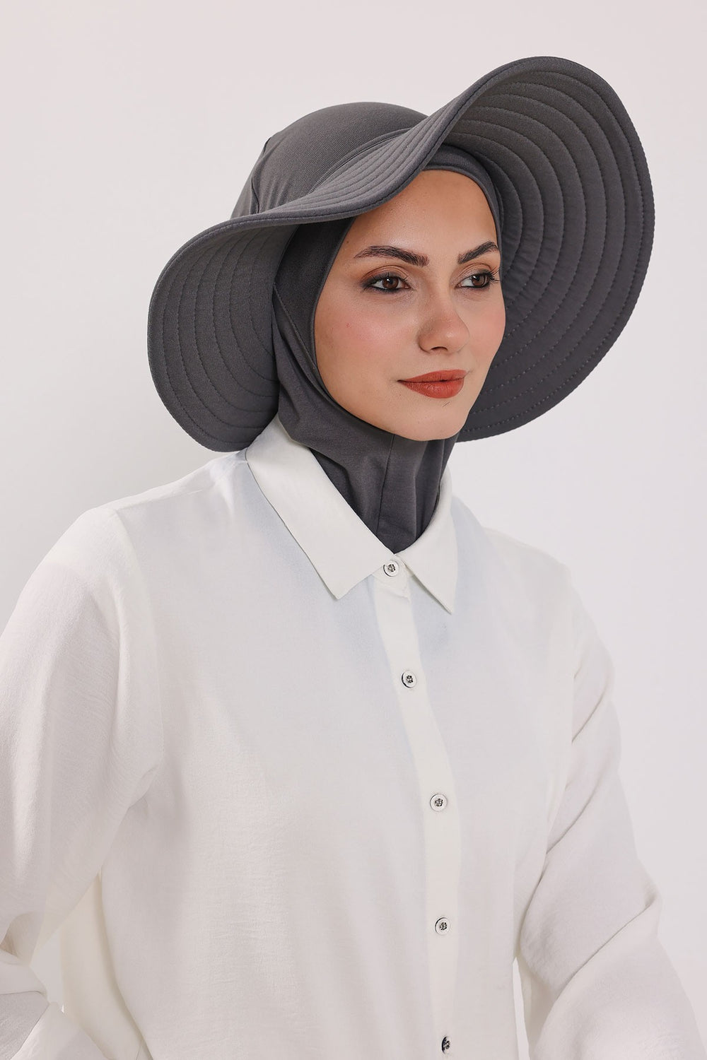 Modest Sun Protective Turban Bonnet with Removable Bow Brim for Women, 2-in-1 Hijab Ninja Cap with Removable Brim,S-5 Anthracite