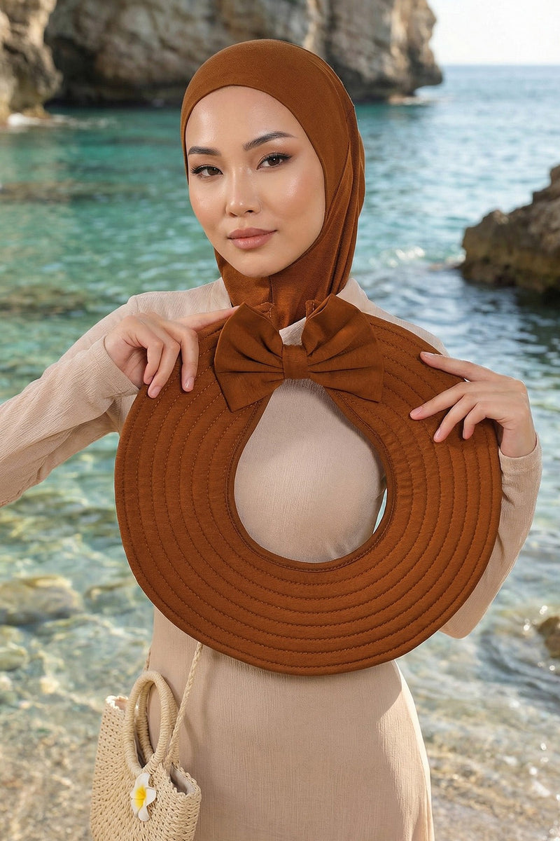 Modest Sun Protective Turban Bonnet with Removable Bow Brim for Women, 2-in-1 Hijab Ninja Cap with Removable Brim,S-5 Tile Red