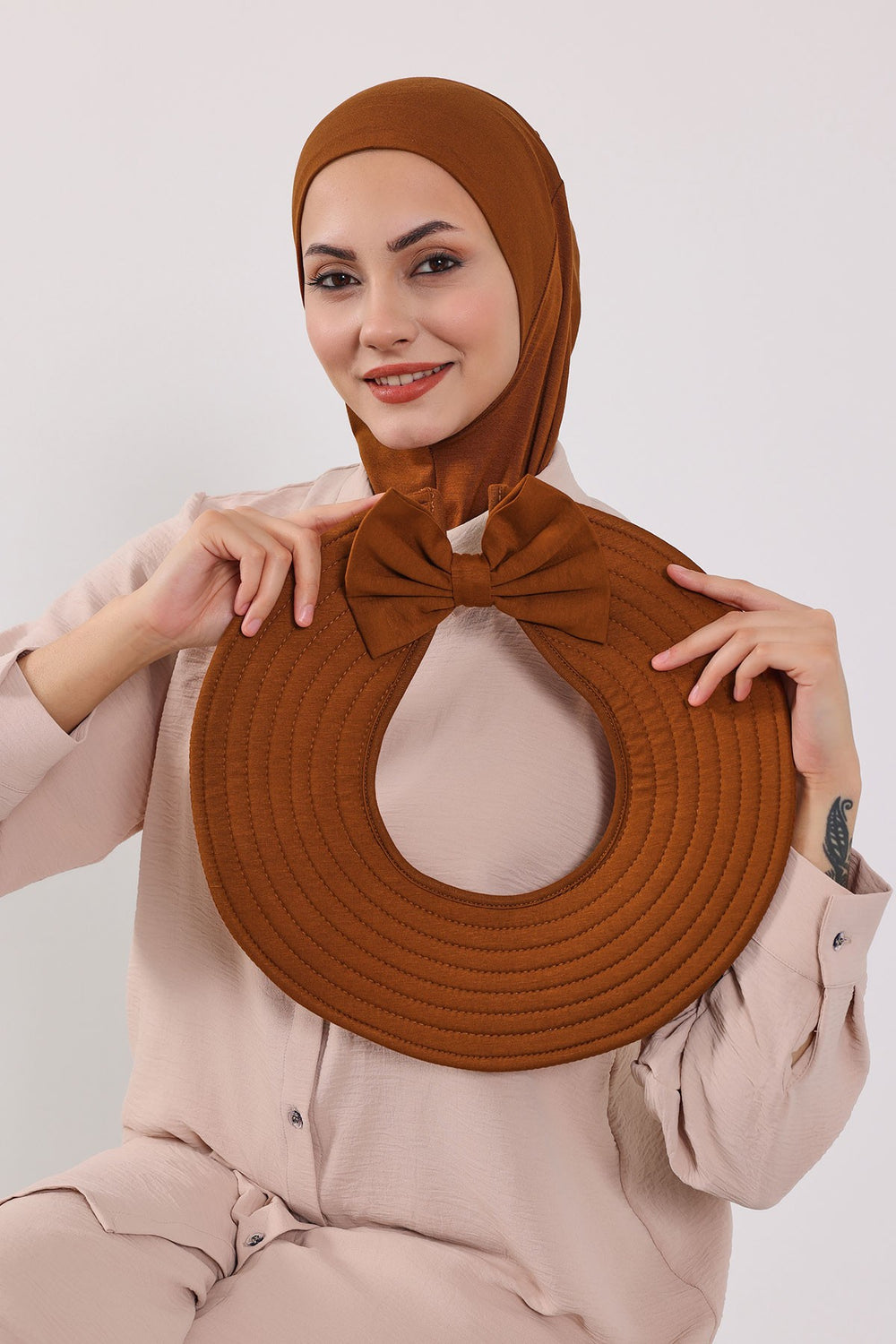 Modest Sun Protective Turban Bonnet with Removable Bow Brim for Women, 2-in-1 Hijab Ninja Cap with Removable Brim,S-5 Tile Red