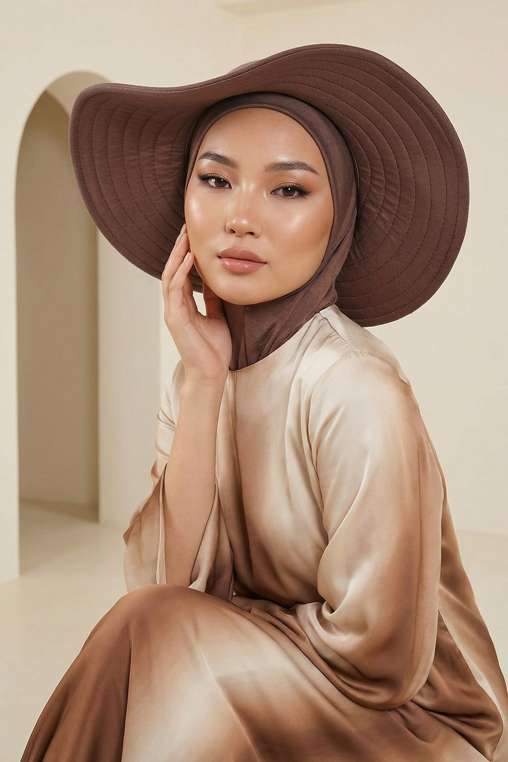 Modest Sun Protective Turban Bonnet with Removable Bow Brim for Women, 2-in-1 Hijab Ninja Cap with Removable Brim,S-5 Chocolate