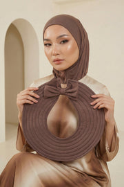 Modest Sun Protective Turban Bonnet with Removable Bow Brim for Women, 2-in-1 Hijab Ninja Cap with Removable Brim,S-5 Chocolate