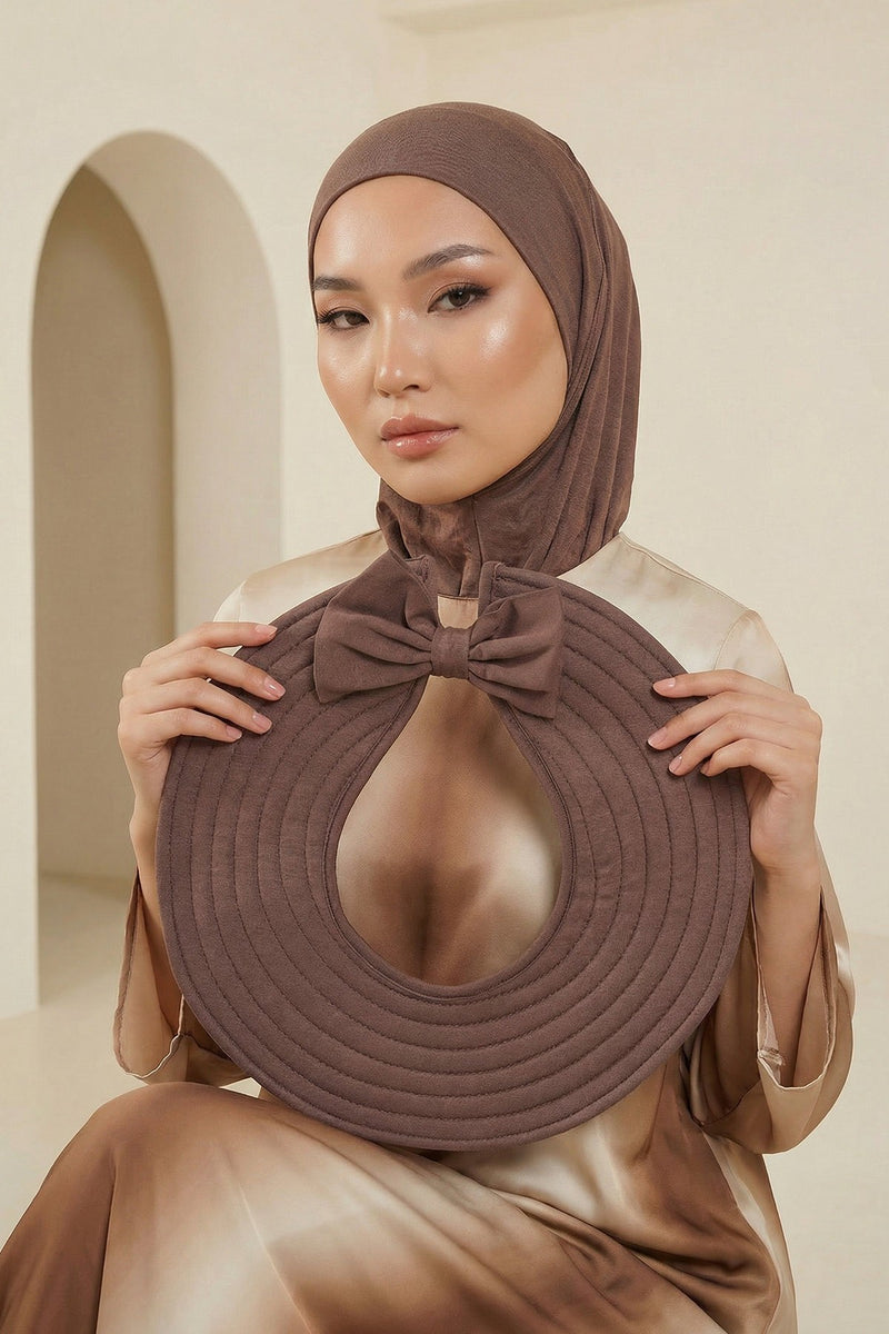 Modest Sun Protective Turban Bonnet with Removable Bow Brim for Women, 2-in-1 Hijab Ninja Cap with Removable Brim,S-5 Chocolate