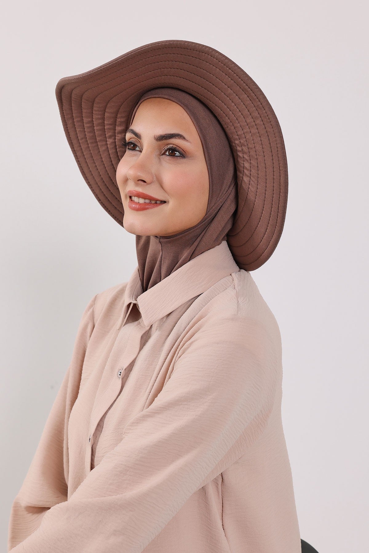 Modest Sun Protective Turban Bonnet with Removable Bow Brim for Women, 2-in-1 Hijab Ninja Cap with Removable Brim,S-5 Chocolate