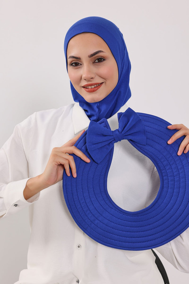 Modest Sun Protective Turban Bonnet with Removable Bow Brim for Women, 2-in-1 Hijab Ninja Cap with Removable Brim,S-5 Sax Blue