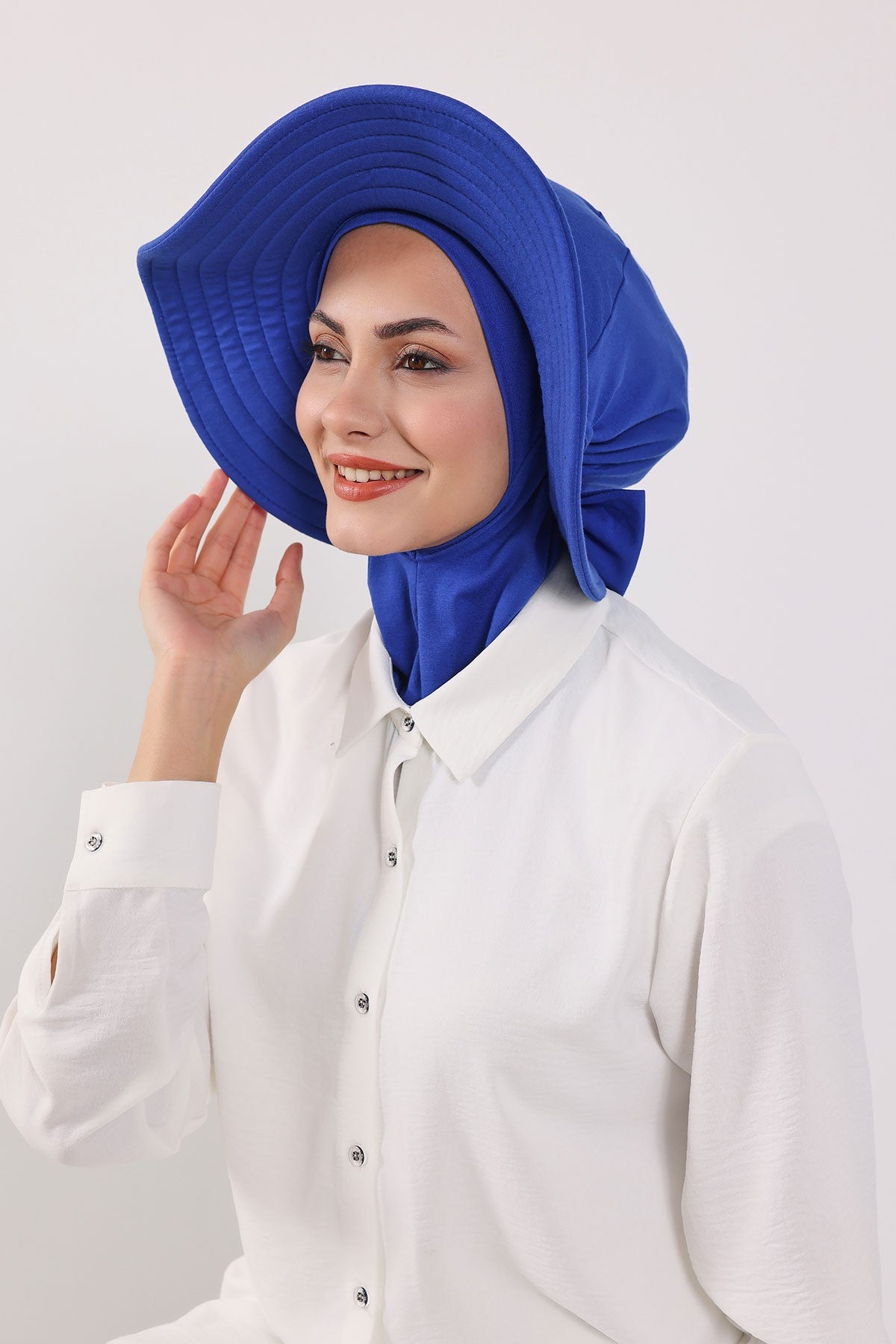 Modest Sun Protective Turban Bonnet with Removable Bow Brim for Women, 2-in-1 Hijab Ninja Cap with Removable Brim,S-5 Sax Blue