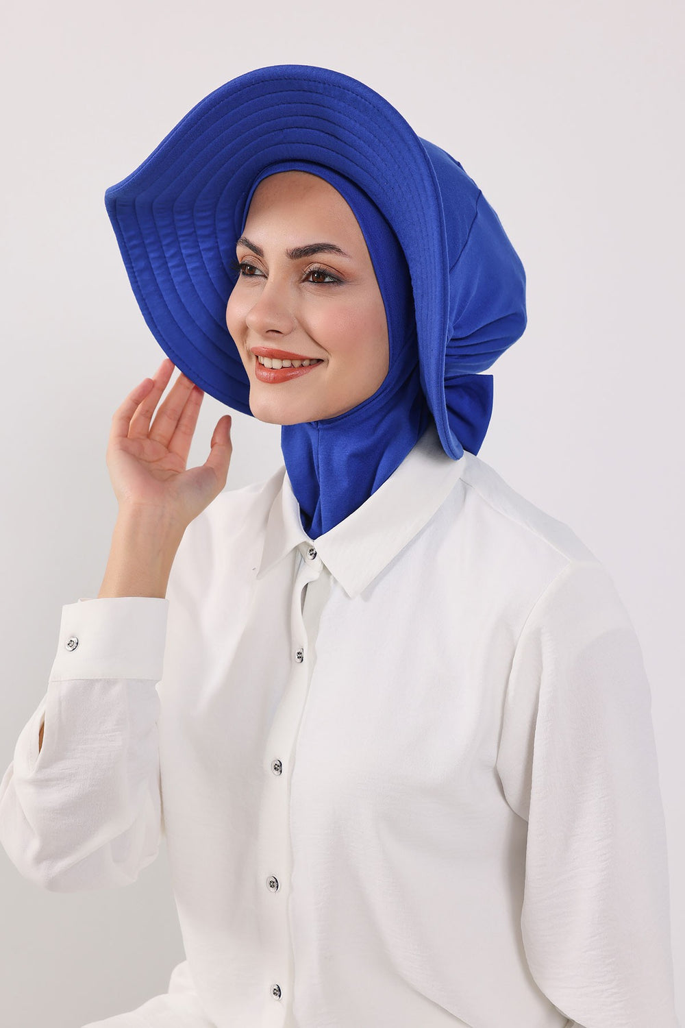 Modest Sun Protective Turban Bonnet with Removable Bow Brim for Women, 2-in-1 Hijab Ninja Cap with Removable Brim,S-5 Sax Blue