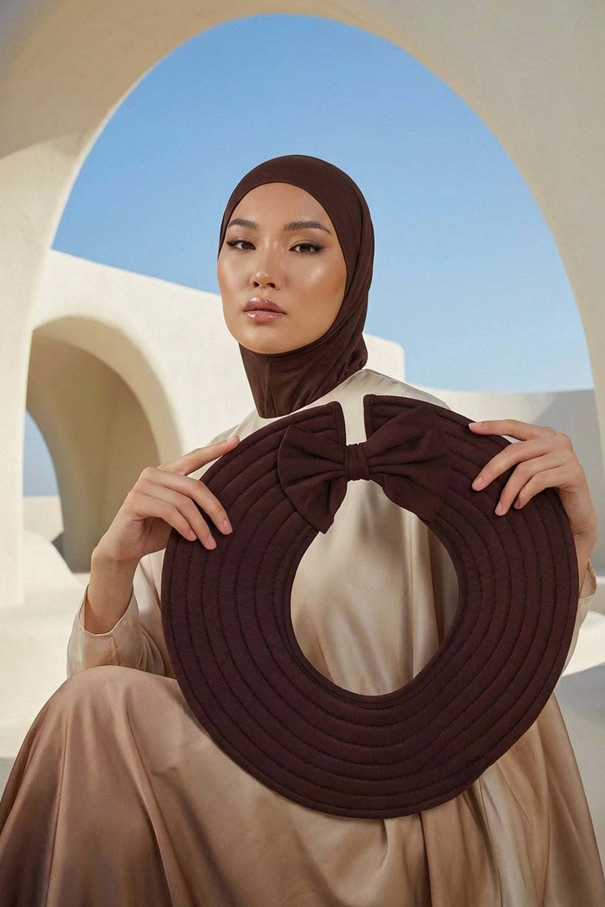 Modest Sun Protective Turban Bonnet with Removable Bow Brim for Women, 2-in-1 Hijab Ninja Cap with Removable Brim,S-5 Brown