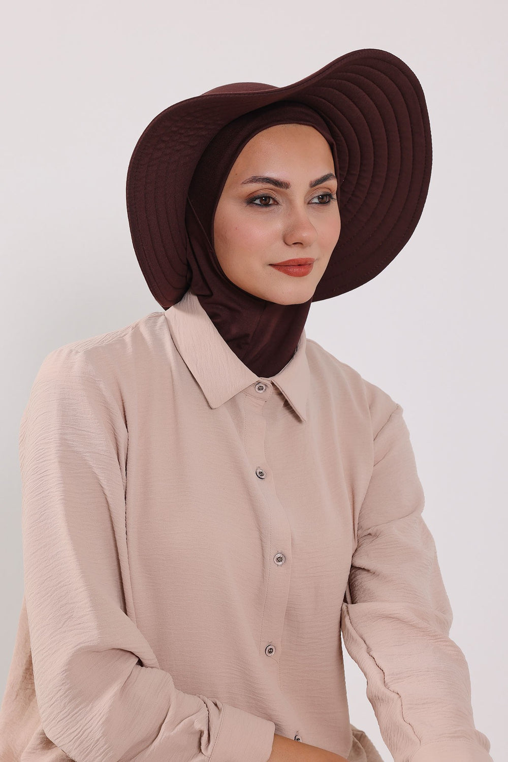 Modest Sun Protective Turban Bonnet with Removable Bow Brim for Women, 2-in-1 Hijab Ninja Cap with Removable Brim,S-5 Brown