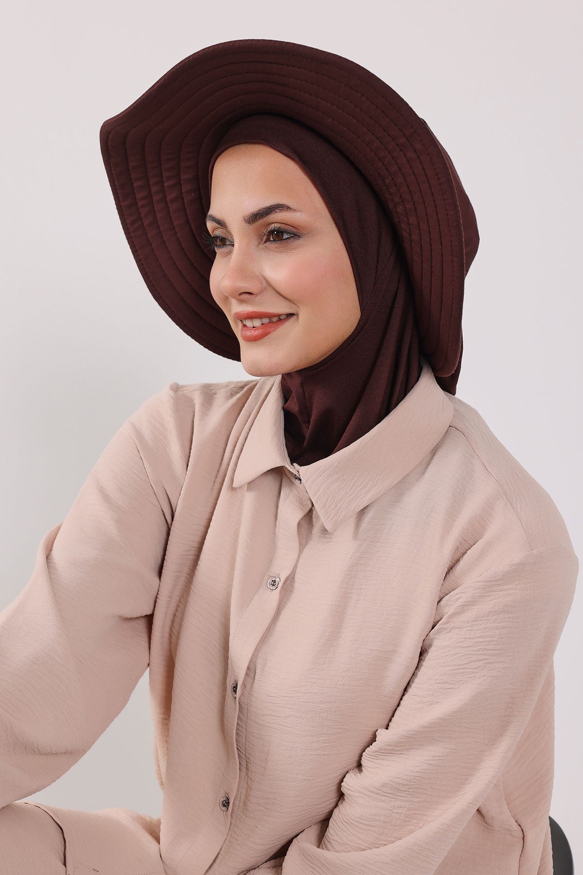 Modest Sun Protective Turban Bonnet with Removable Bow Brim for Women, 2-in-1 Hijab Ninja Cap with Removable Brim,S-5 Brown