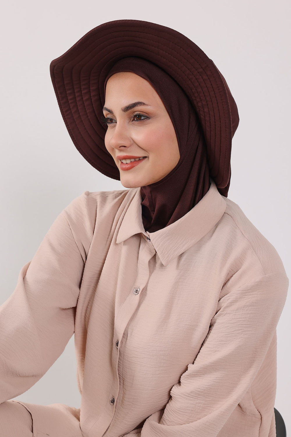 Modest Sun Protective Turban Bonnet with Removable Bow Brim for Women, 2-in-1 Hijab Ninja Cap with Removable Brim,S-5 Brown