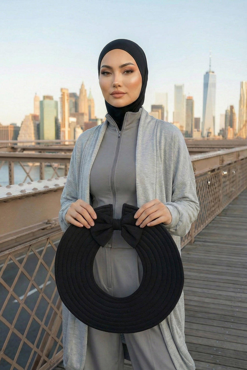 Modest Sun Protective Turban Bonnet with Removable Bow Brim for Women, 2-in-1 Hijab Ninja Cap with Removable Brim,S-5 Black